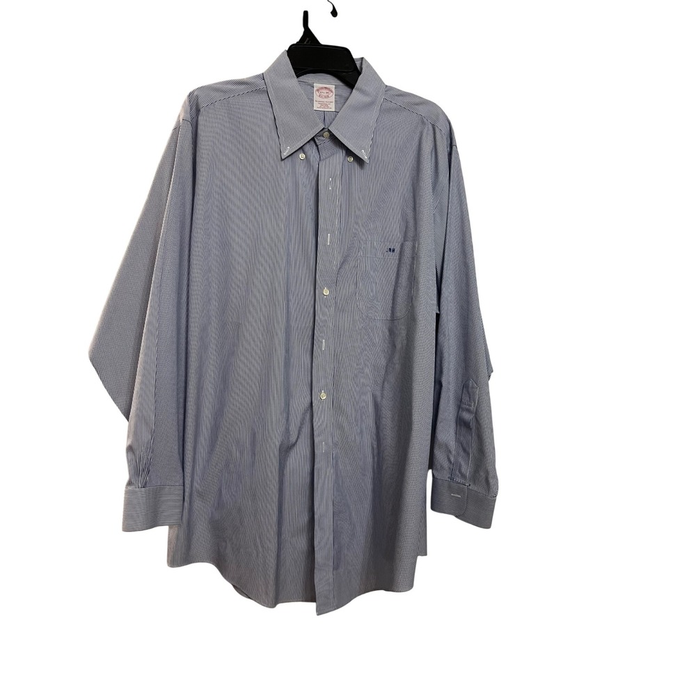 Brooks Brothers Mens Traditional Fit NonIron Dress Shirt Blue Stripe 17.5 34